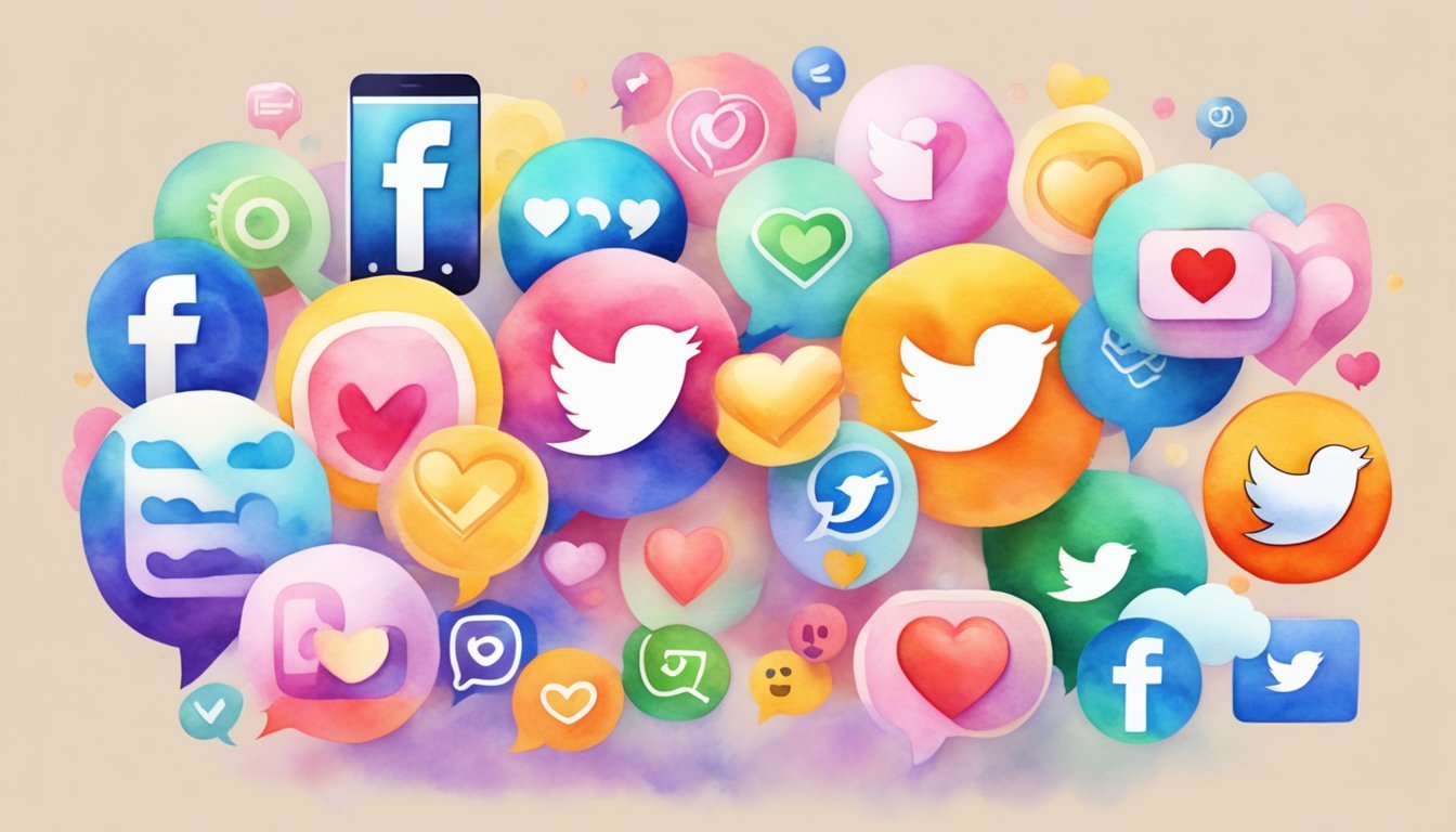 A variety of social media icons (Facebook, Instagram, Twitter, etc.) surrounded by thumbs-up and heart emojis, with speech bubbles of engaging content