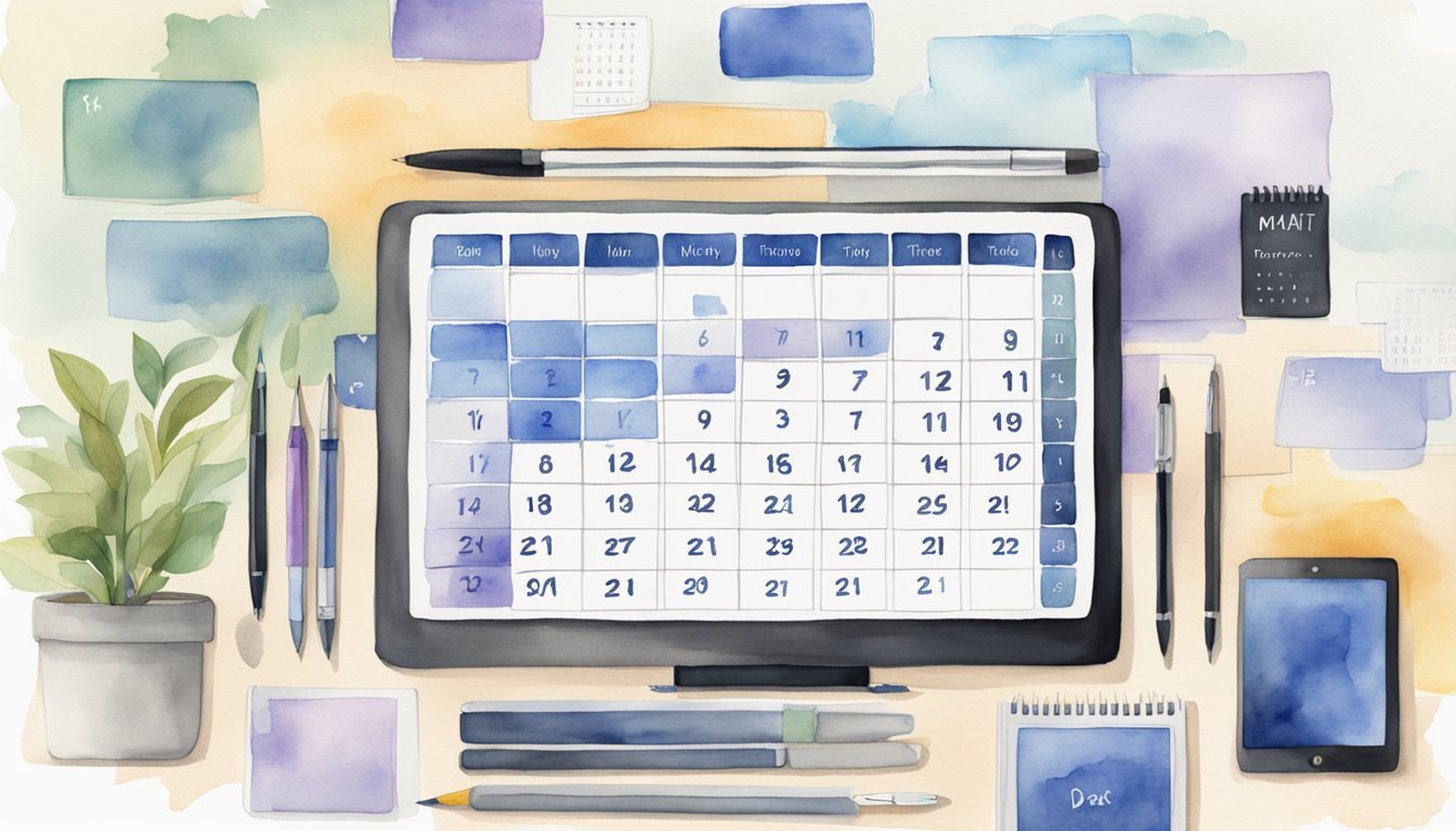 A calendar with labeled sections for content types, dates, themes, and platforms, surrounded by a variety of digital devices and writing utensils