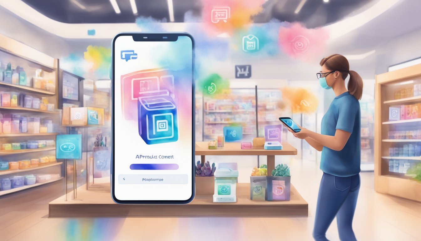 A smartphone displaying AR content, a product with virtual overlays, a customer scanning a QR code, a brand logo coming to life, and interactive AR experiences at a retail store