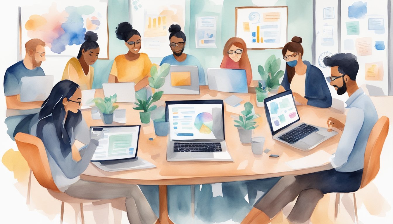 Influencer collaboration: 8 people brainstorming, sharing ideas, and working together.</p><p>A whiteboard with key points, laptops, and phones on the table.</p><p>Positive, collaborative atmosphere