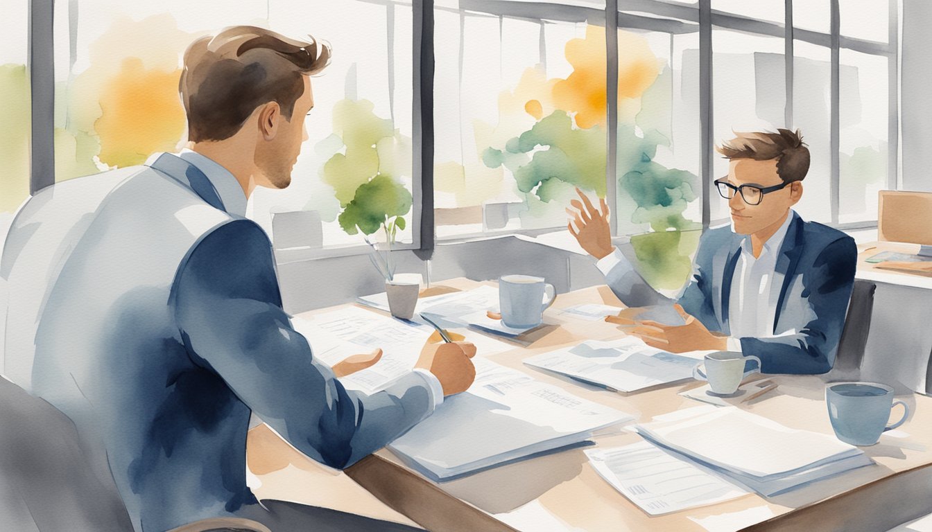 In a bright, modern office, two figures sit at a table, discussing and brainstorming ideas.</p><p>A whiteboard behind them displays a list of goals and strategies