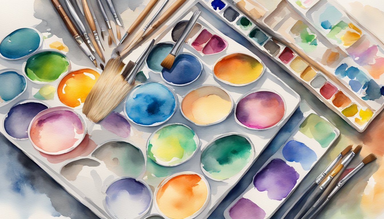 A colorful palette of art supplies scattered on a table, with a blank canvas and a variety of brushes, pencils, and paints, ready for an artist to create