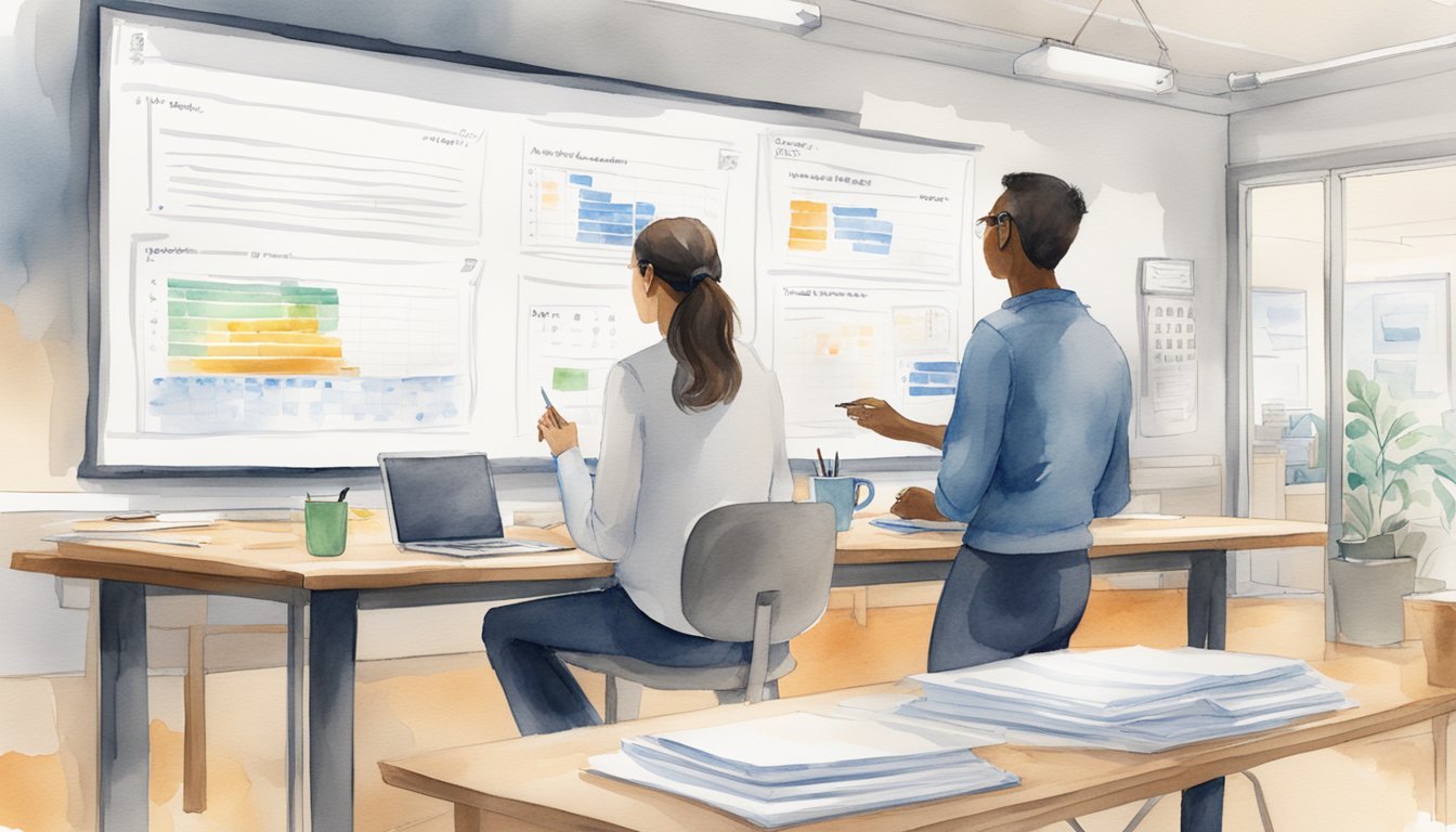 A table with two people discussing, a whiteboard with clear objectives written, a laptop open to a collaboration platform, a calendar with deadlines, and a stack of papers with project details