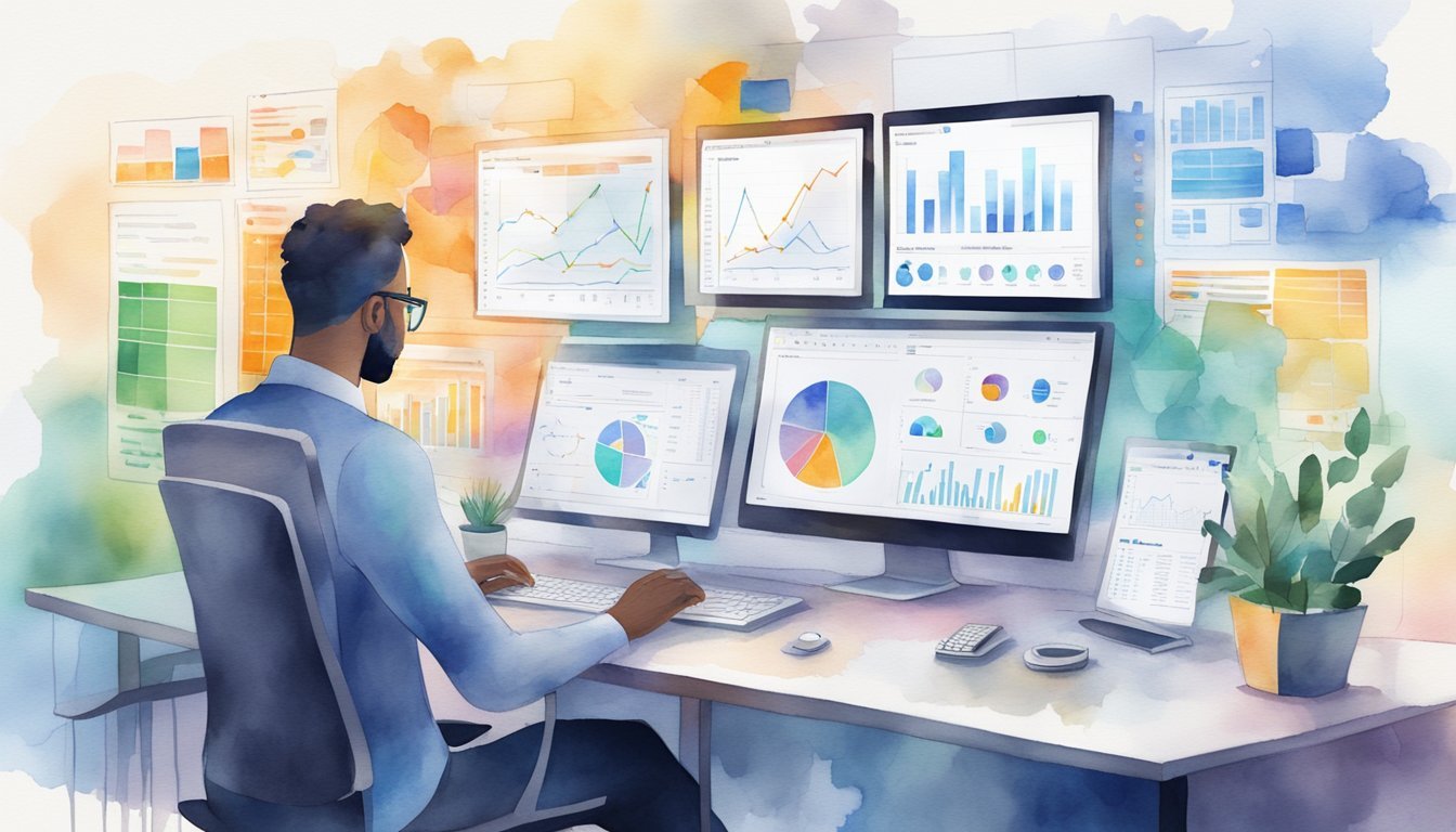 A person analyzing data on a computer, surrounded by charts, graphs, and a digital marketing dashboard, demonstrating essential skills