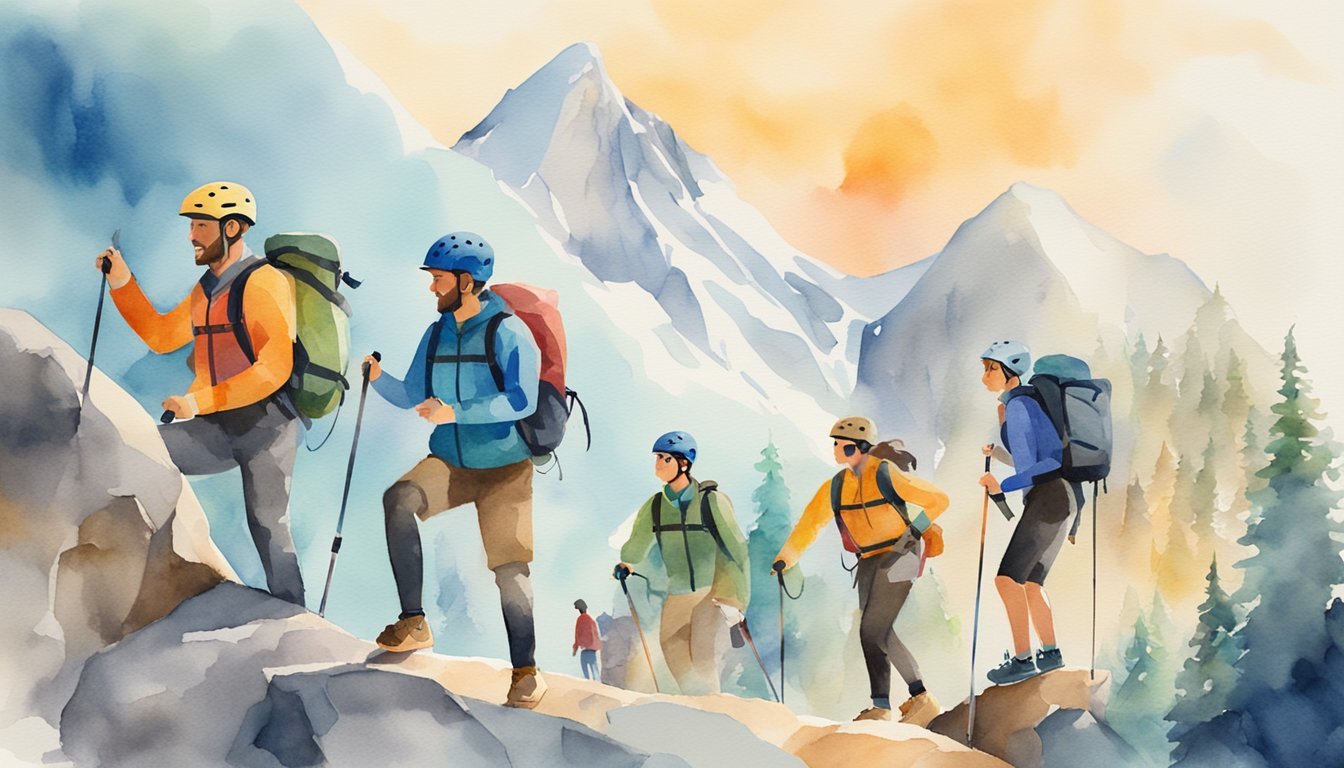 A group of adventure sports enthusiasts purchase travel insurance, while surrounded by gear for activities like rock climbing, skiing, and surfing