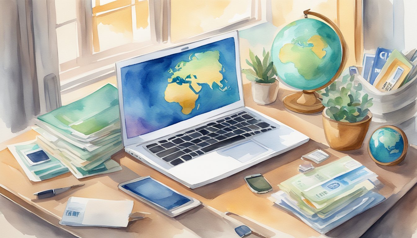 A laptop with a globe on the screen, surrounded by travel essentials and a health insurance card