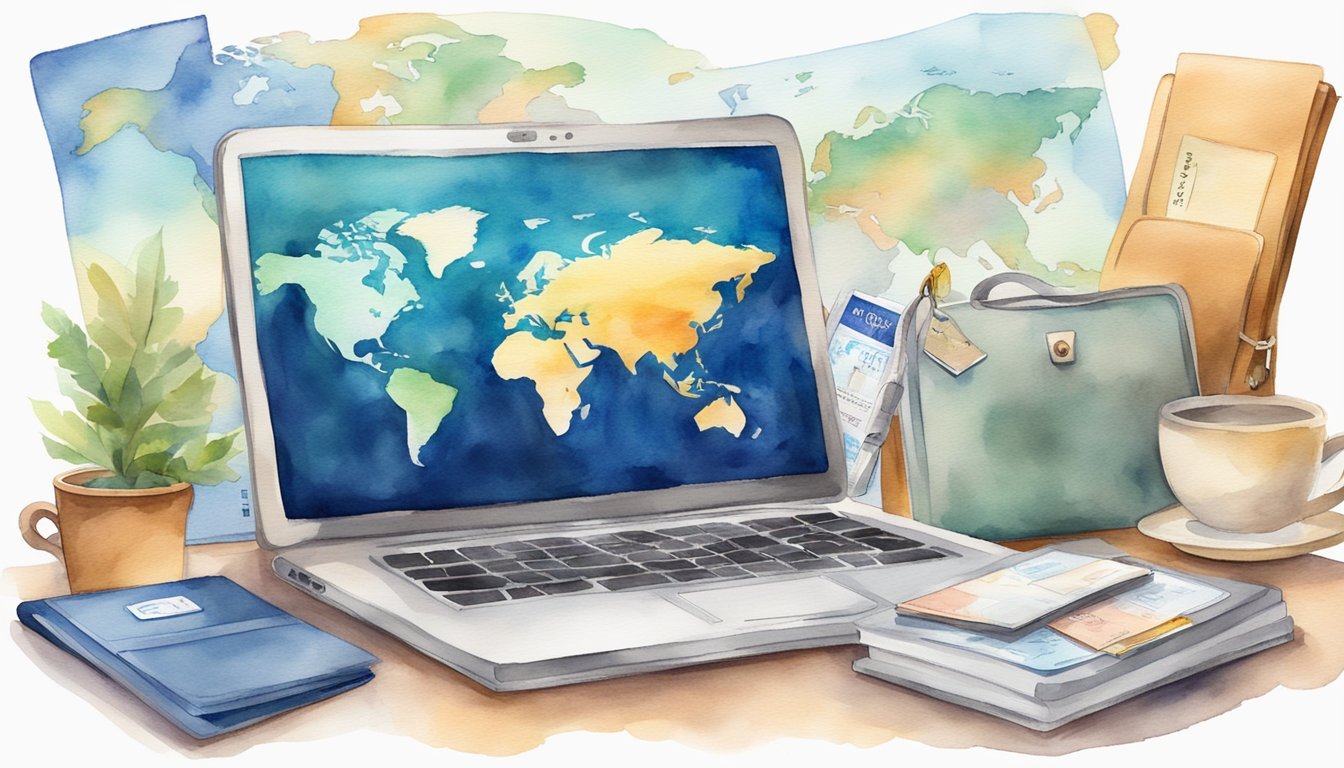 A laptop with a world map on the screen, surrounded by travel essentials like a passport, credit cards, and a health insurance card