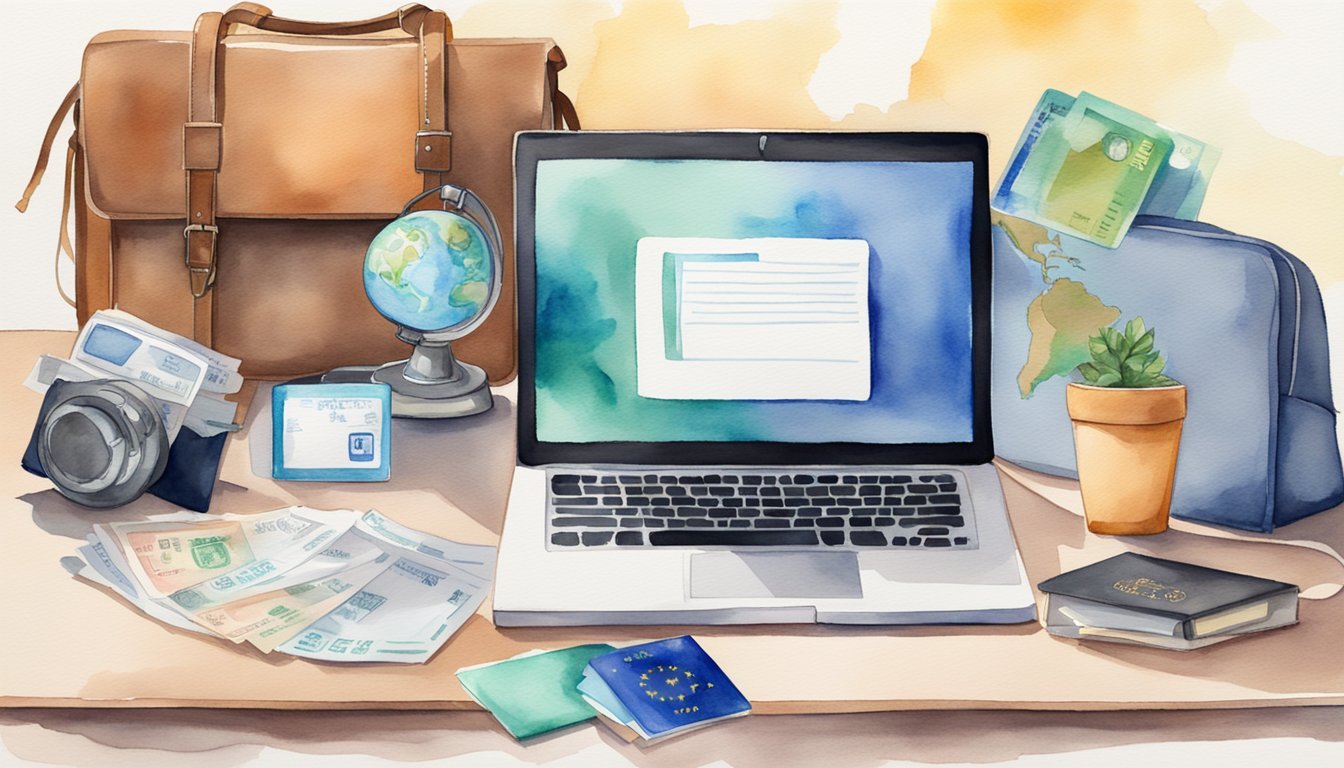 A laptop surrounded by travel essentials and a globe, with a health insurance card and a passport nearby