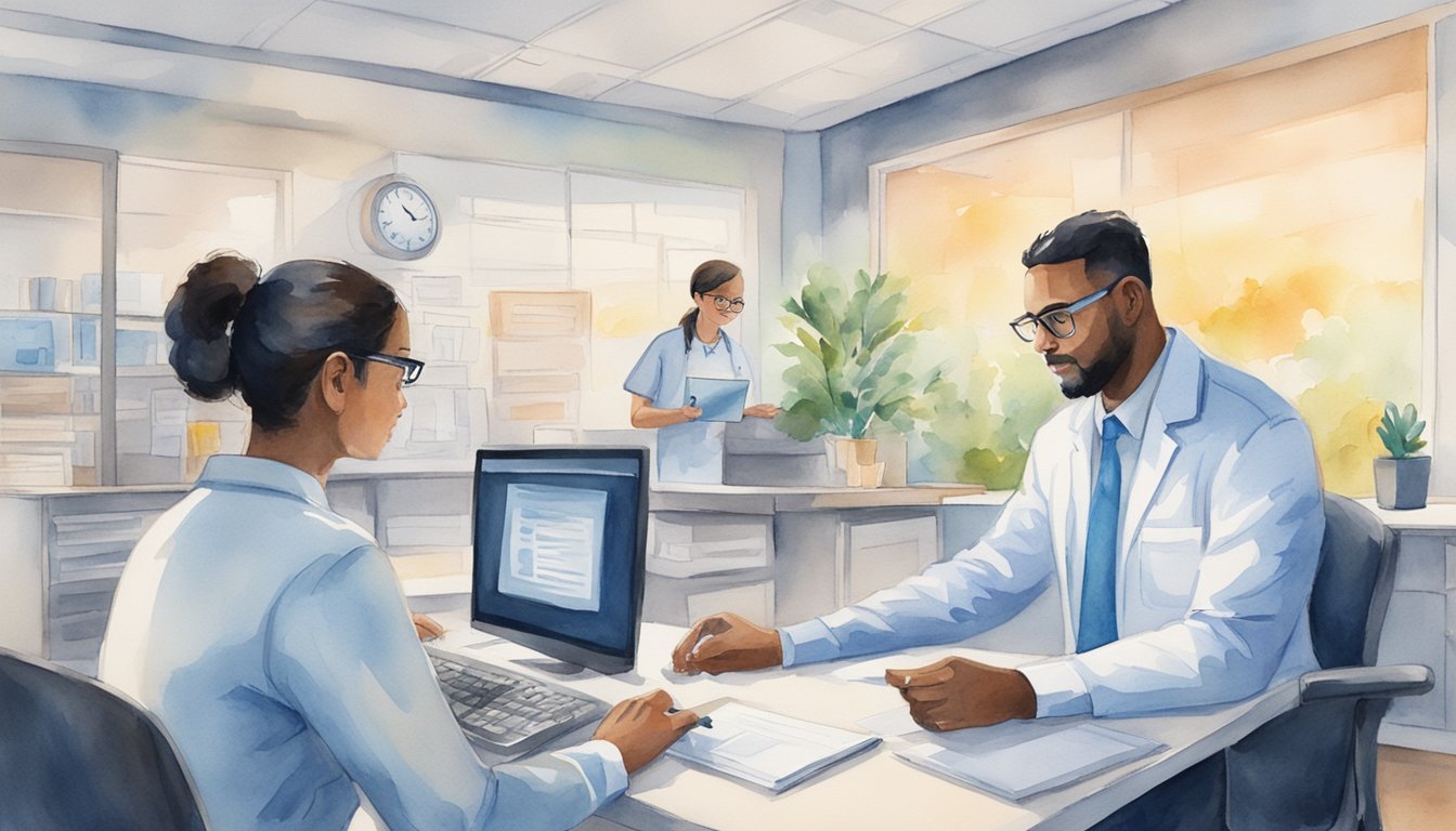 A small medical office staff receives cybersecurity training, while an insurance agent discusses cyber insurance options with the practice manager