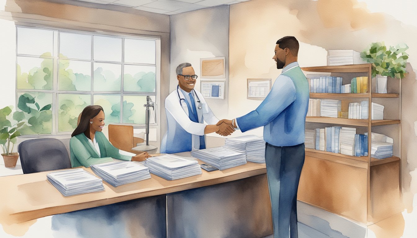 A small medical practice owner and an insurance agent shaking hands over a contract, surrounded by laptops, medical equipment, and a stack of documents