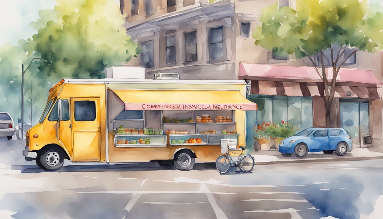 A food truck parked in a bustling urban area, with a vibrant sign displaying "Commercial Auto Insurance" on the side