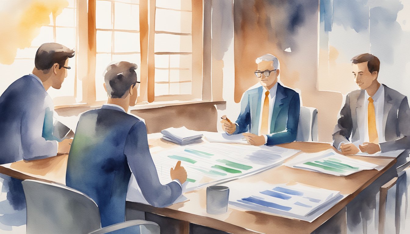 A group of people discussing insurance policies and legal regulations for outdoor festivals in a meeting room with documents and charts spread out on the table