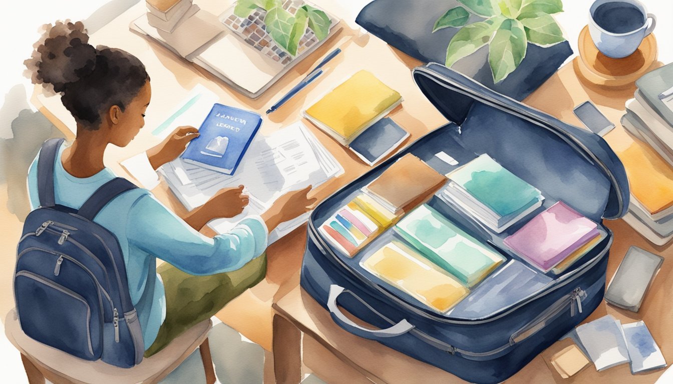 A student packs a suitcase with study materials and a passport, while purchasing travel insurance online for their upcoming study abroad program