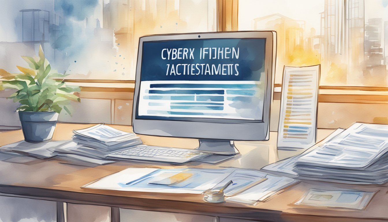 Law firm logo on a computer screen, with a cyber attack warning message.</p><p>Legal documents and financial statements scattered on a desk.</p><p>Cyber liability insurance brochure nearby