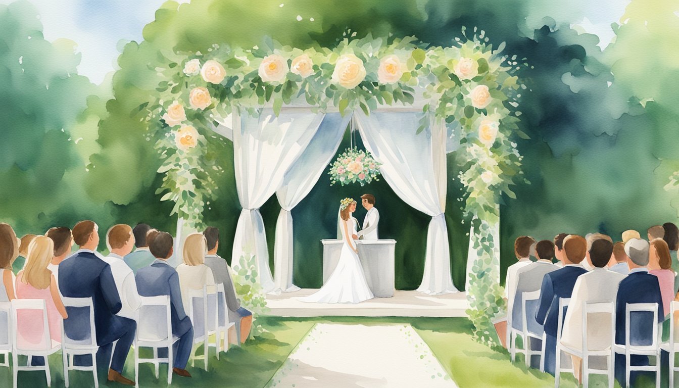 A sunny outdoor wedding with a white canopy, surrounded by lush greenery and blooming flowers.</p><p>A sign reads "Policy Specifics wedding insurance" in elegant script