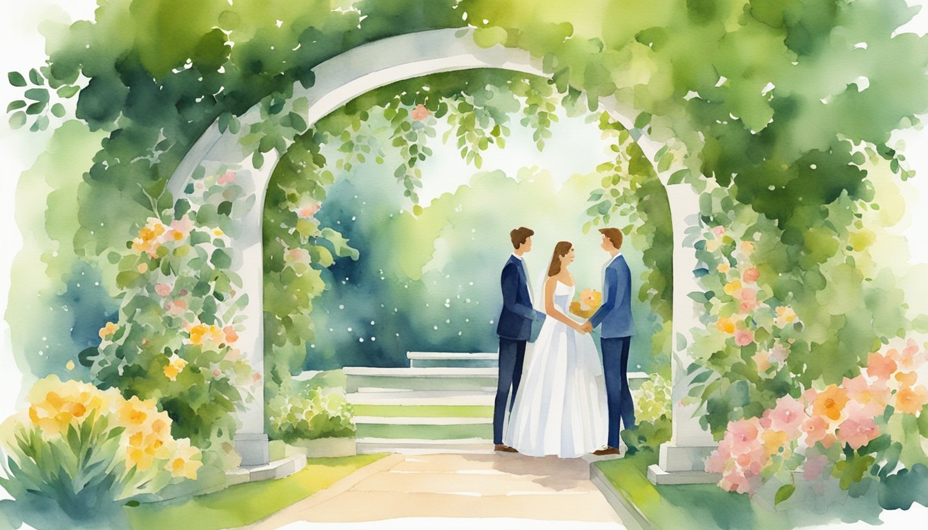 A couple stands under a floral arch in a lush garden, discussing wedding insurance options with a representative.</p><p>The sun shines down on them, highlighting the importance of choosing the right provider for outdoor ceremonies