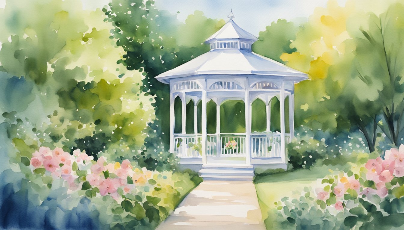 A serene outdoor setting with a white gazebo adorned with flowers, surrounded by lush greenery and a clear blue sky, with a subtle mention of wedding insurance for outdoor ceremonies