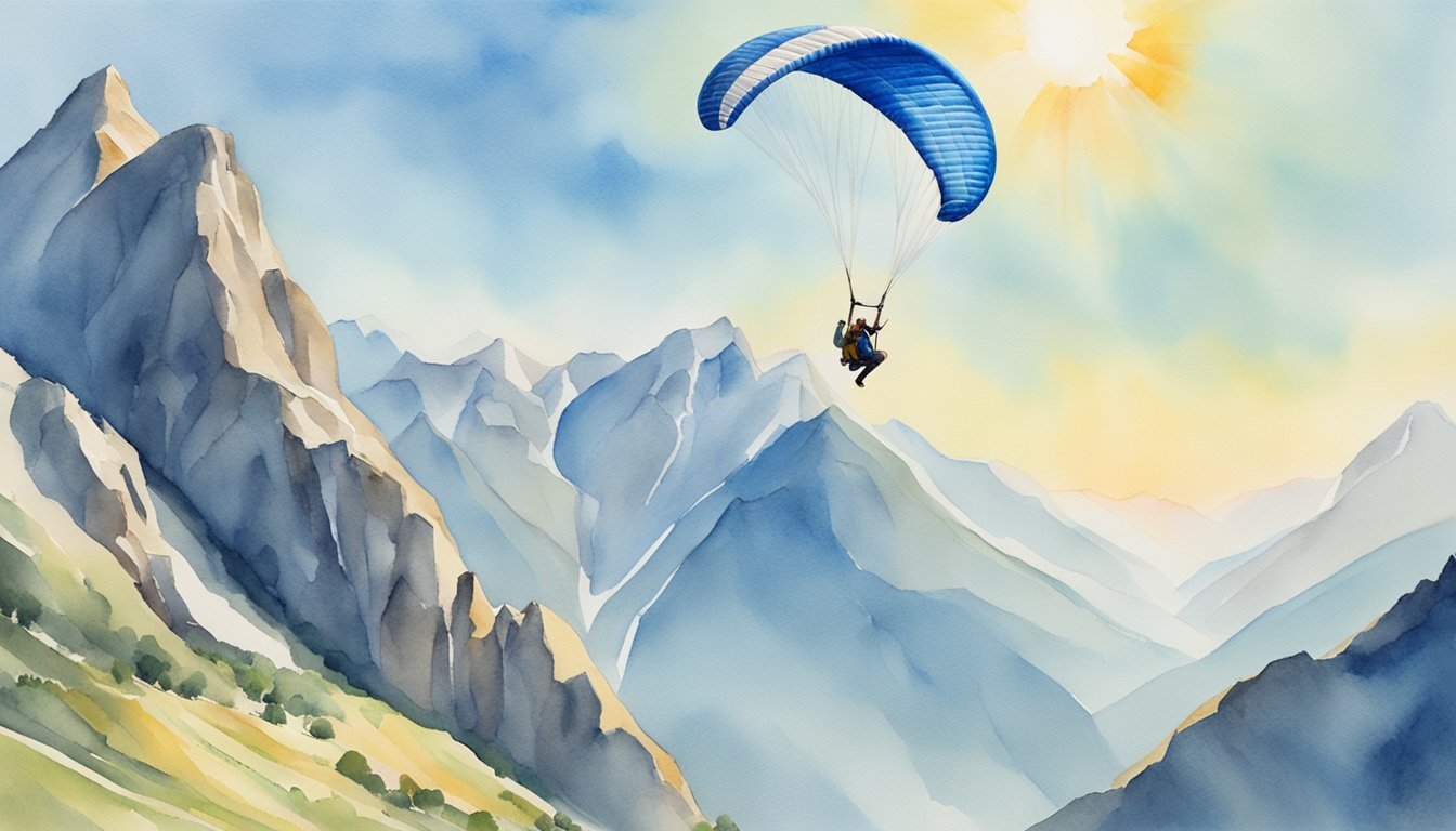 A person paragliding over rugged mountains, with a backpack and helmet, while surrounded by a clear blue sky and the sun shining