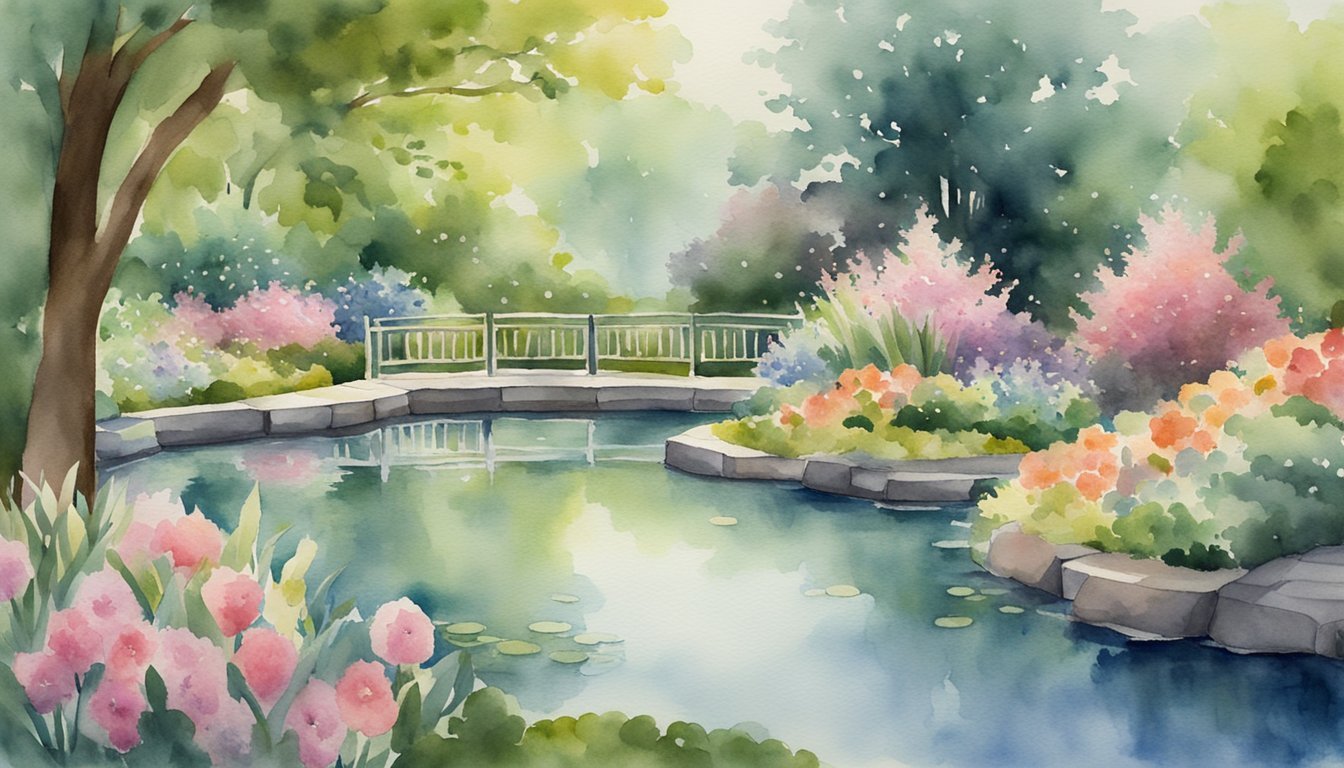 A serene garden with blooming flowers, a tranquil pond, and a peaceful meditation space surrounded by lush greenery