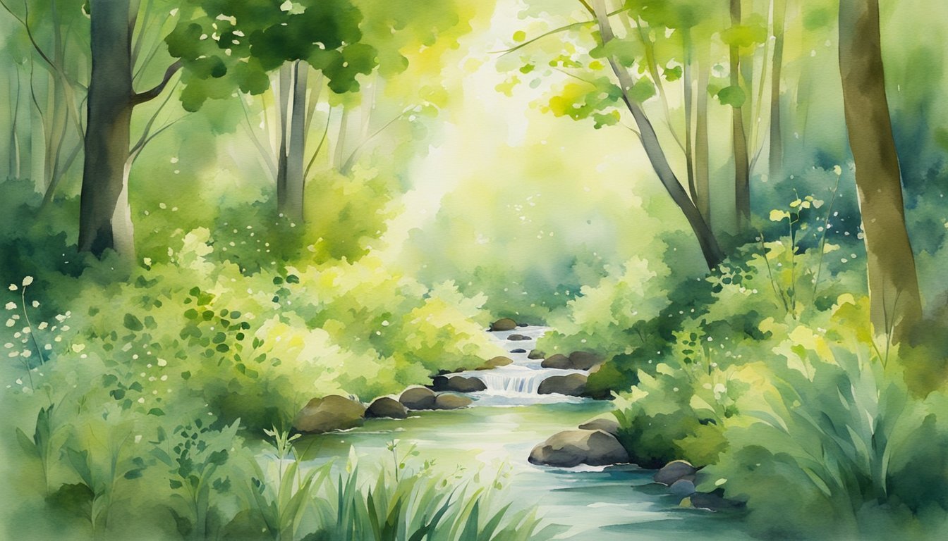 Lush green forest with sunlight streaming through the canopy, birds singing, and a gentle stream flowing.</p><p>Wildflowers and butterflies add color to the serene scene