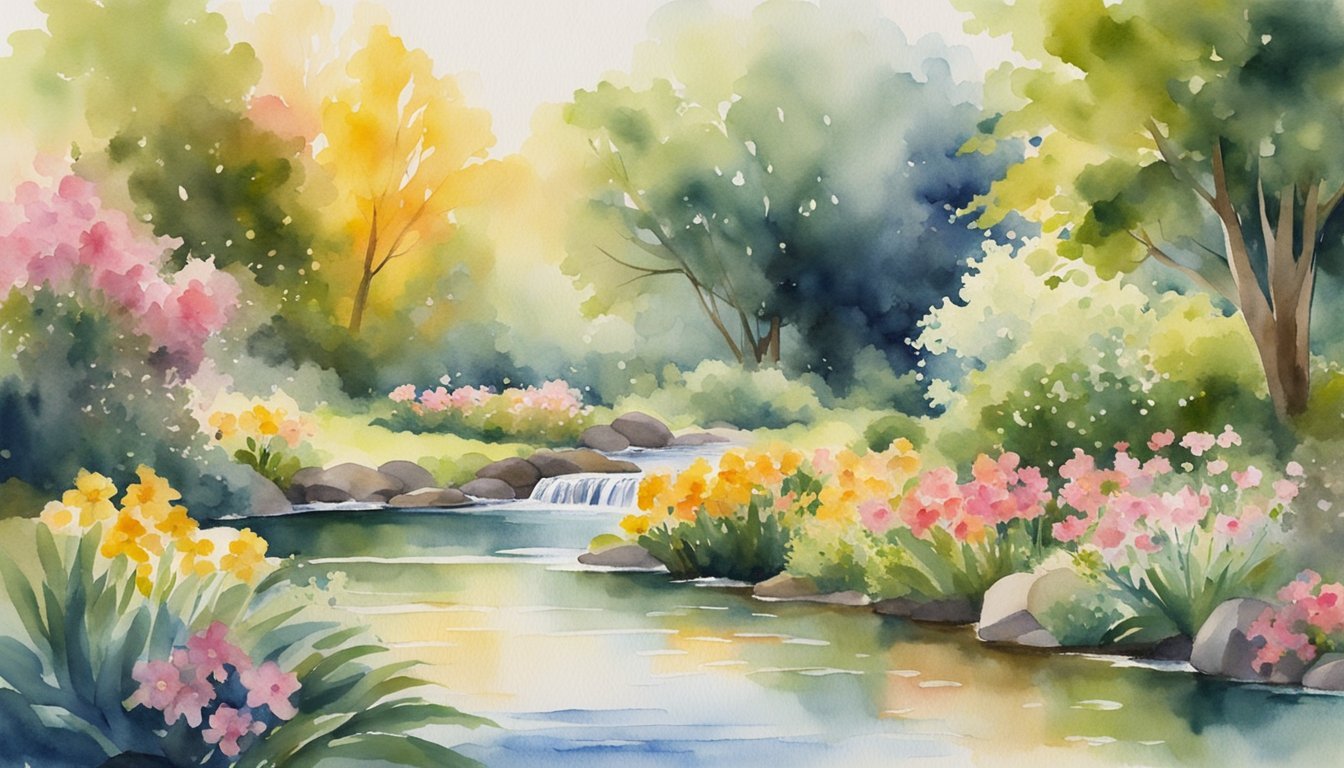 A serene garden with a flowing stream and blooming flowers, surrounded by lush greenery and bathed in warm sunlight