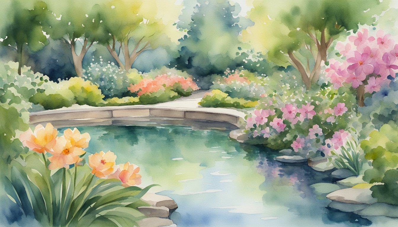 A serene garden with blooming flowers, a tranquil pond, and a peaceful meditation space surrounded by lush greenery