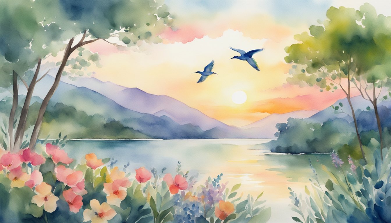 A serene landscape with a sunrise over a tranquil body of water, surrounded by lush greenery and vibrant flowers, with a gentle breeze and birds flying overhead