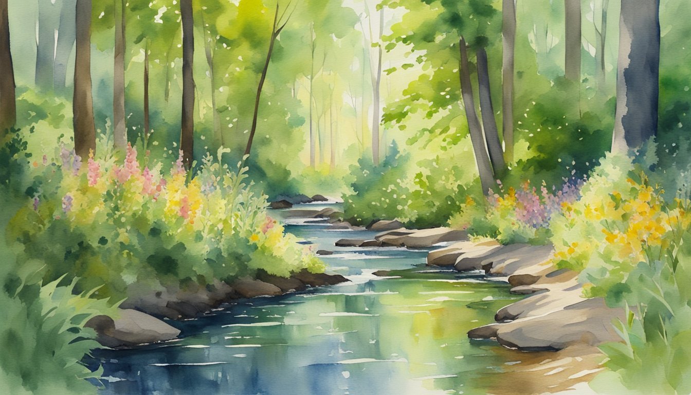 A serene forest path, dappled sunlight filtering through the canopy.</p><p>A small stream trickles beside the trail, surrounded by vibrant green foliage and colorful wildflowers.</p><p>Birdsong fills the air, creating a peaceful and harmonious atmosphere