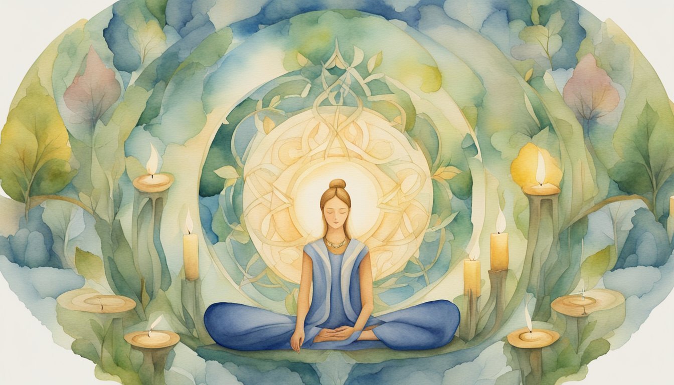 A serene figure sits in a circle of candles, surrounded by symbols of nature and spirituality.</p><p>The air is filled with a sense of peace and reverence