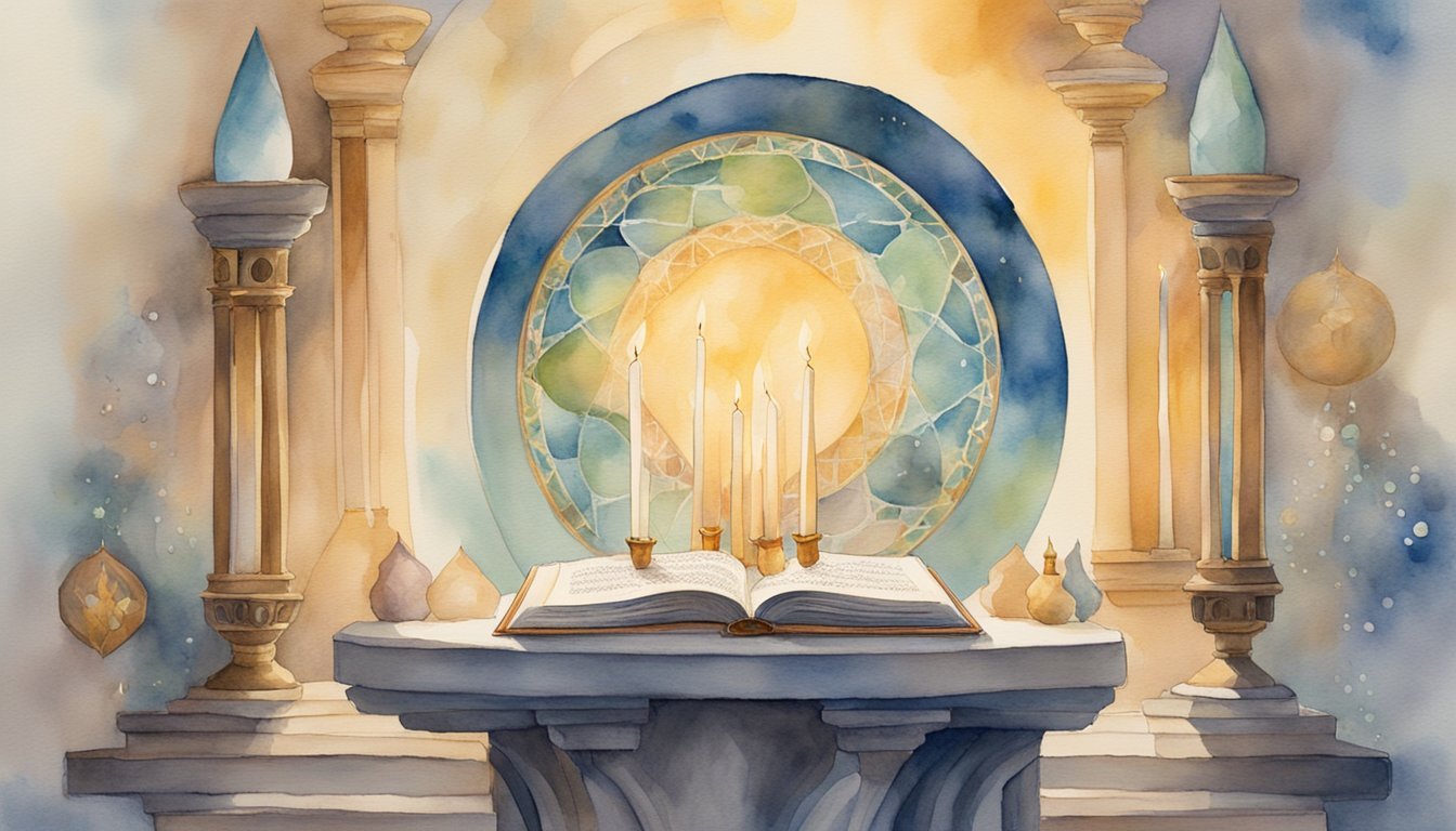 A circle of candles surrounds a sacred altar, adorned with crystals and incense.</p><p>A book of ancient wisdom rests open, while a figure meditates in the center, bathed in soft, ethereal light