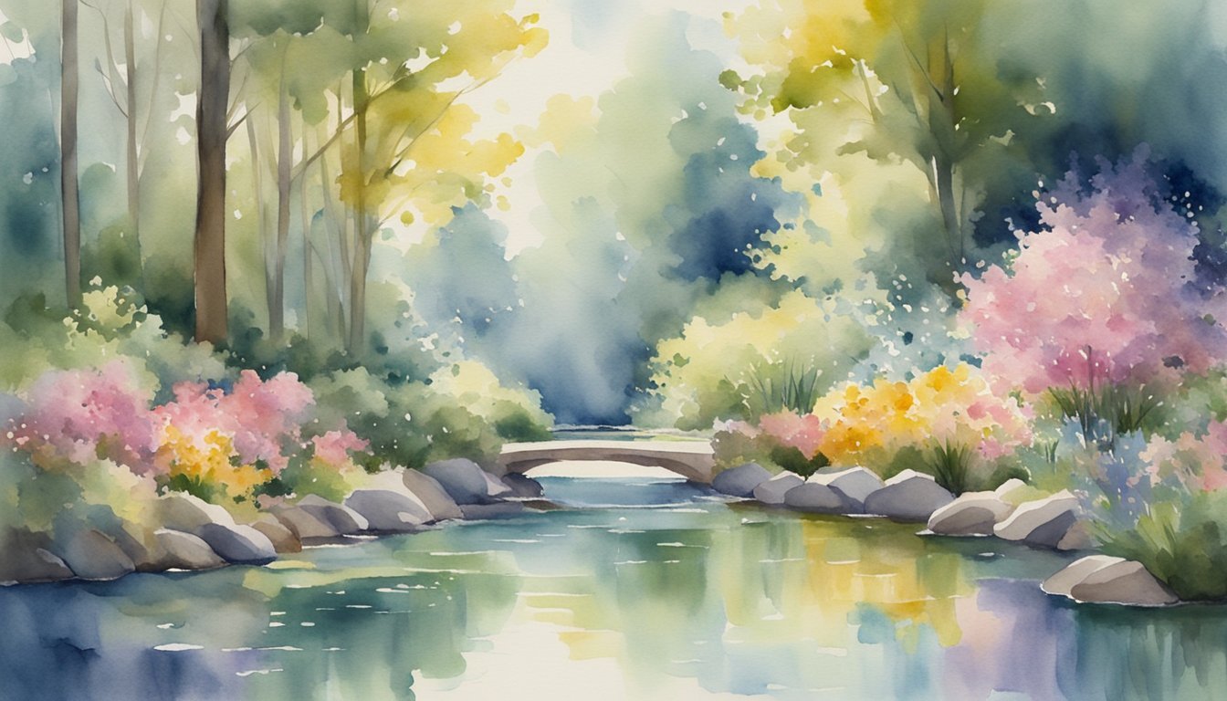 A serene garden with blooming flowers and tranquil water, surrounded by tall trees and bathed in soft sunlight