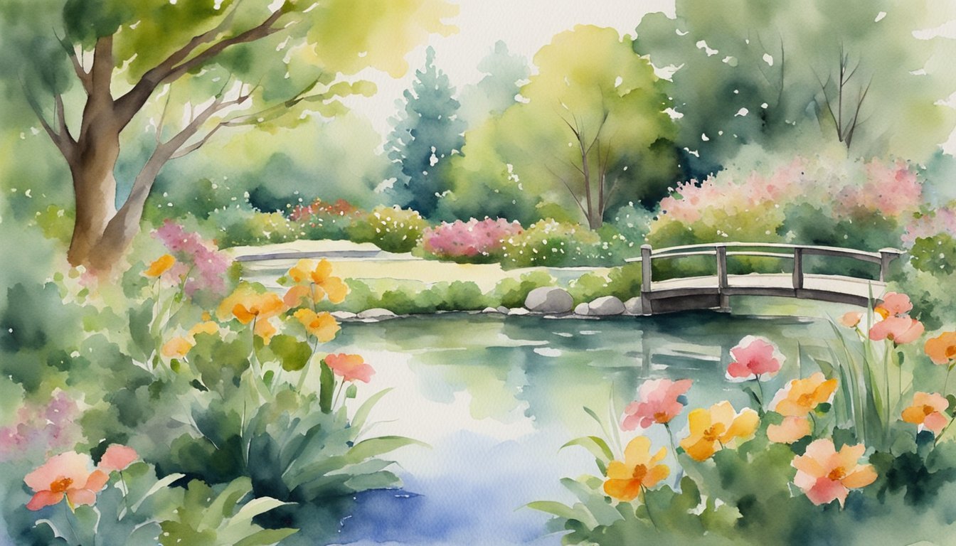 A serene garden with a peaceful pond, surrounded by lush greenery and blooming flowers.</p><p>A gentle breeze rustles the leaves, creating a sense of calm and tranquility