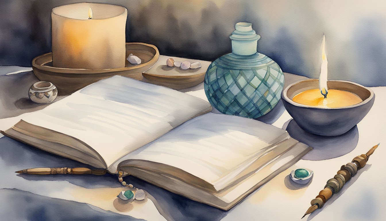 A peaceful setting with a journal, pen, and spiritual items like a candle, incense, and prayer beads.</p><p>A serene atmosphere with soft lighting and calming colors to convey a sense of tranquility and introspection