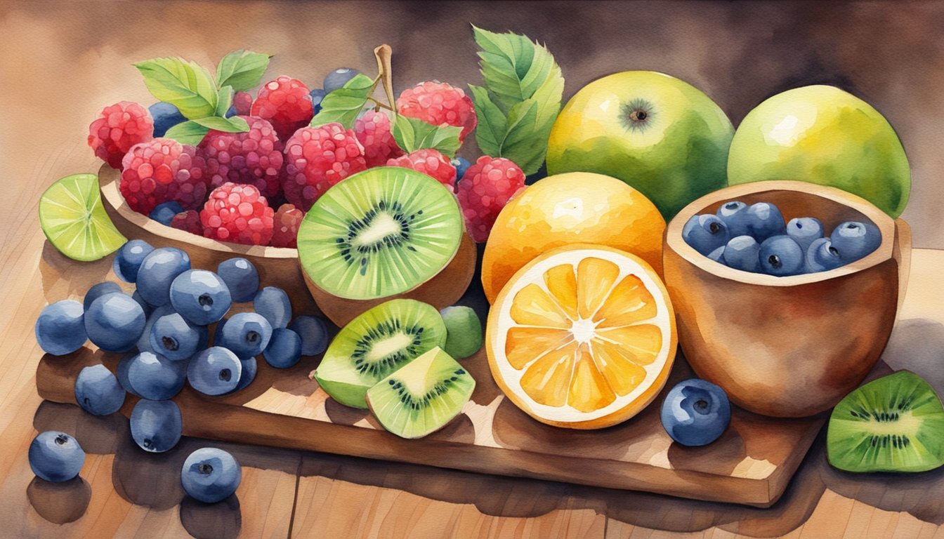 A colorful array of fruits - berries, kiwi, and citrus - arranged on a wooden cutting board, with a measuring cup displaying a small amount of sugar next to them