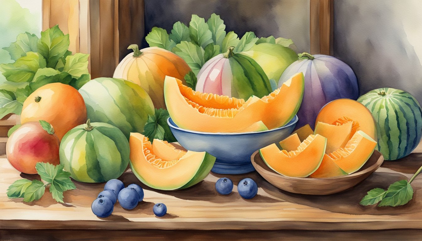 A colorful assortment of fresh cantaloupes arranged on a wooden table, with a backdrop of vibrant fruits and vegetables.</p><p>The focus is on the cantaloupes, showcasing their juicy, sweet appeal