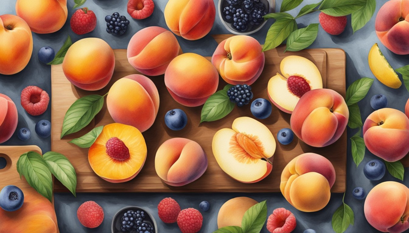 A colorful array of peaches, berries, and citrus fruits arranged on a wooden cutting board with a knife.</p><p>Text reads "Peaches 10 Best Low-Sugar Fruits for a Healthy Diet."