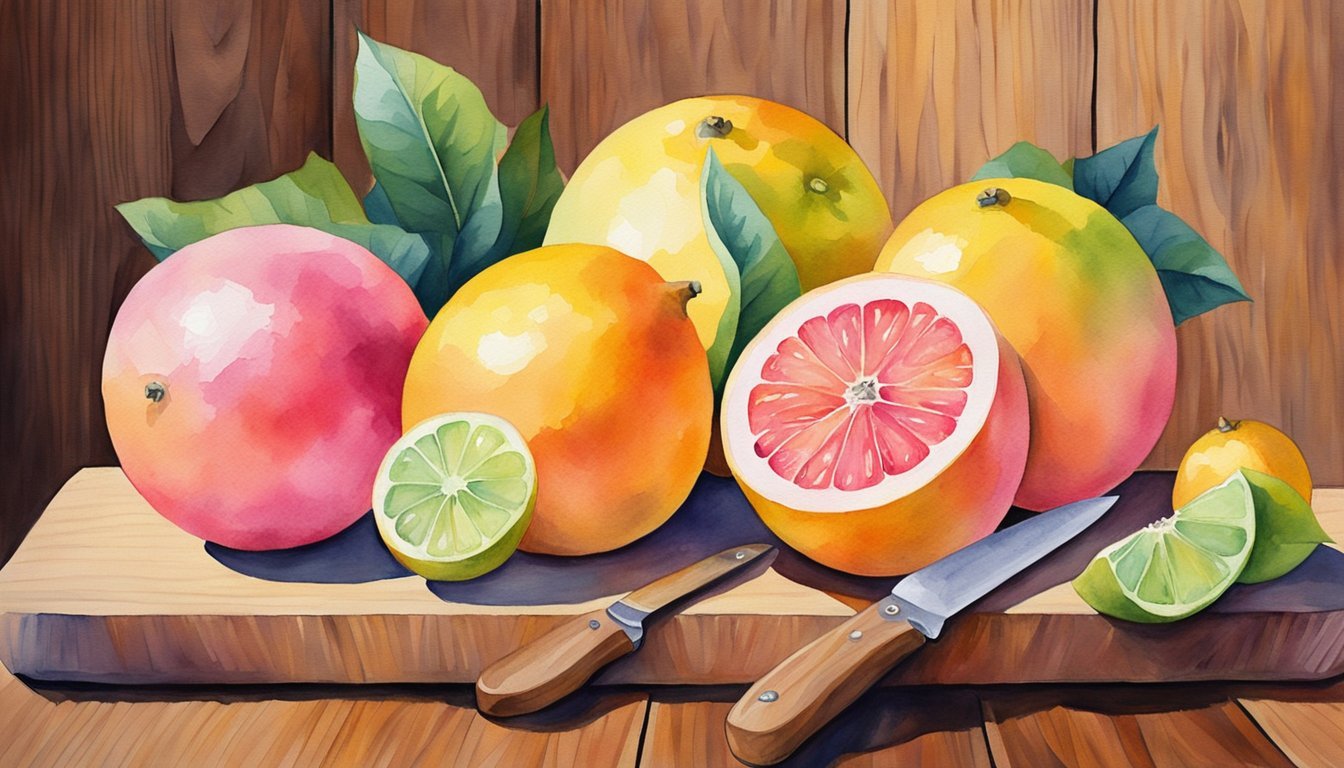 A colorful assortment of ripe grapefruits arranged on a wooden cutting board, with a knife beside them.</p><p>The vibrant pink and yellow hues of the fruit stand out against the natural wood background