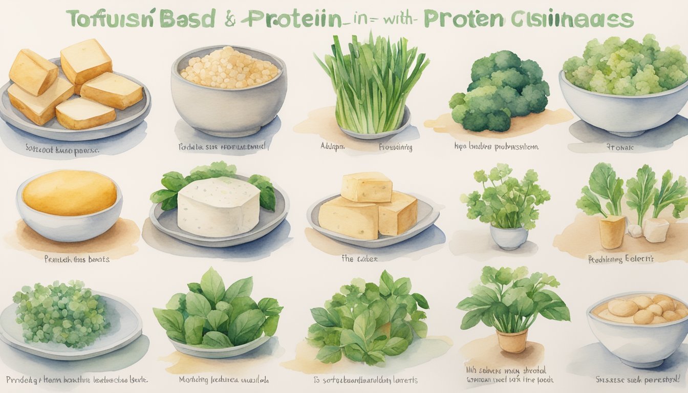 A table displays various plant-based protein sources, including tofu, with labels indicating their muscle-building benefits