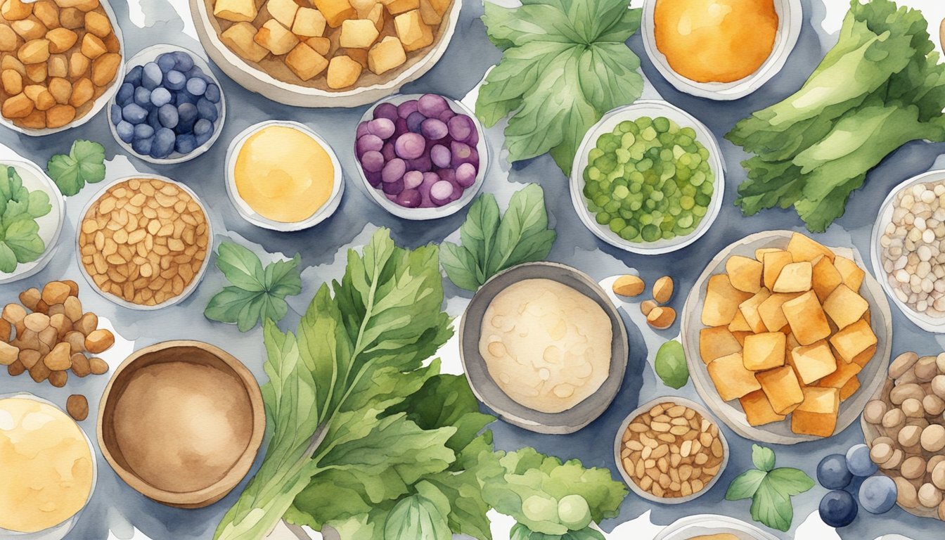 A spread of various plant-based protein sources, including tempeh, arranged in a visually appealing manner