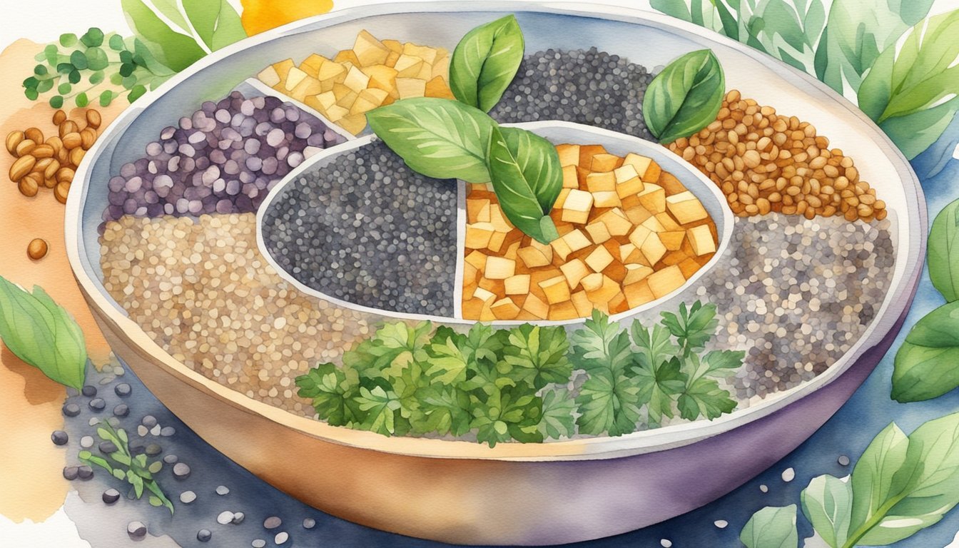 A bowl of chia seeds surrounded by various plant-based protein sources like tofu, lentils, quinoa, and nuts.</p><p>Bright, colorful, and visually appealing