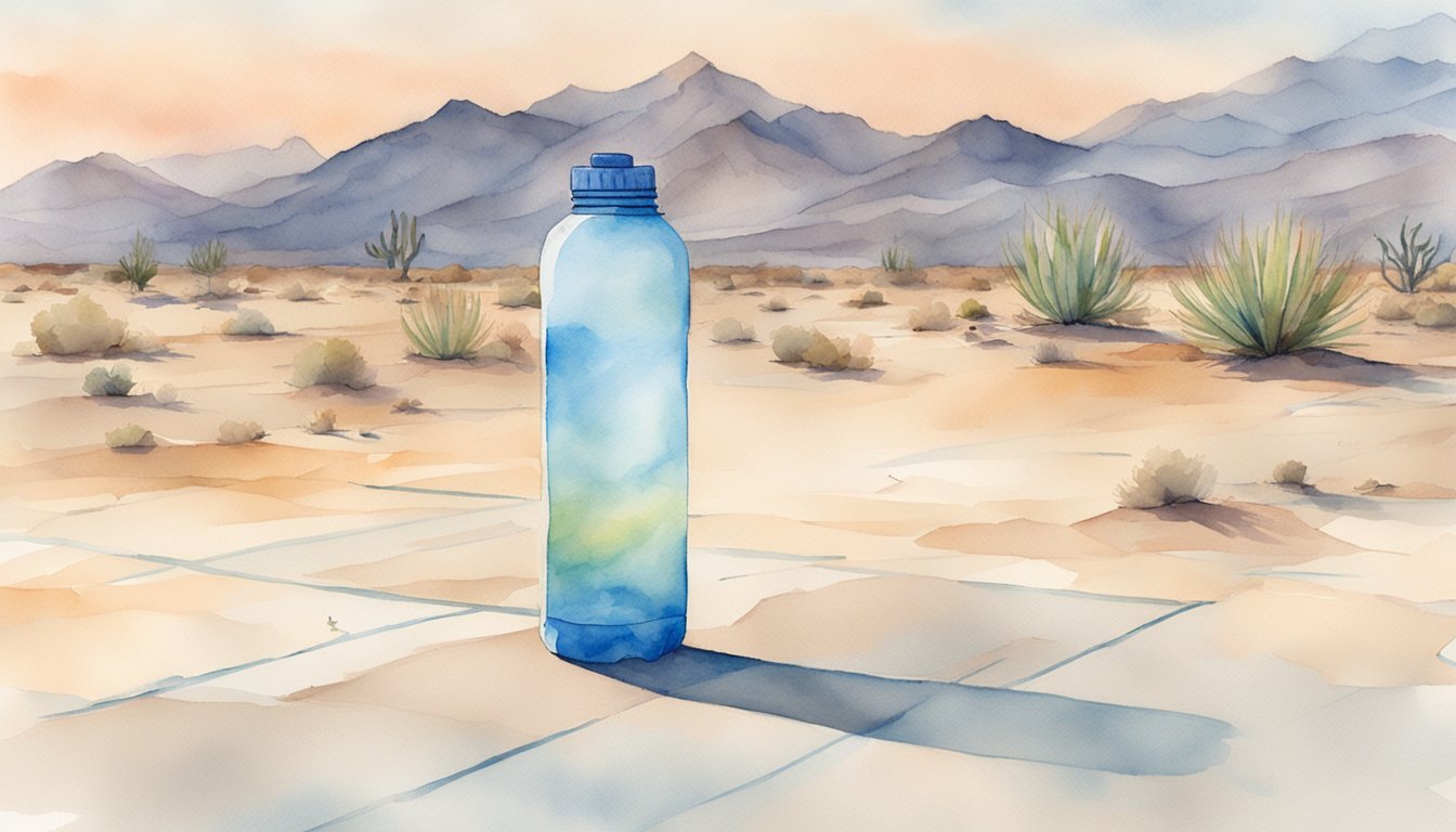 A sports water bottle sits empty on a gym floor, surrounded by wilted plants and a cracked desert landscape