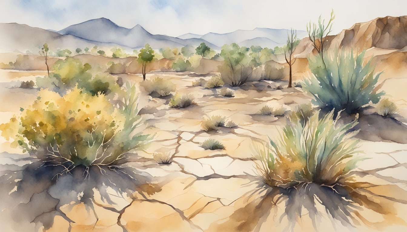 A parched landscape with wilting plants and dry, cracked earth under a scorching sun.</p><p>Lethargic animals seek shade, struggling to move