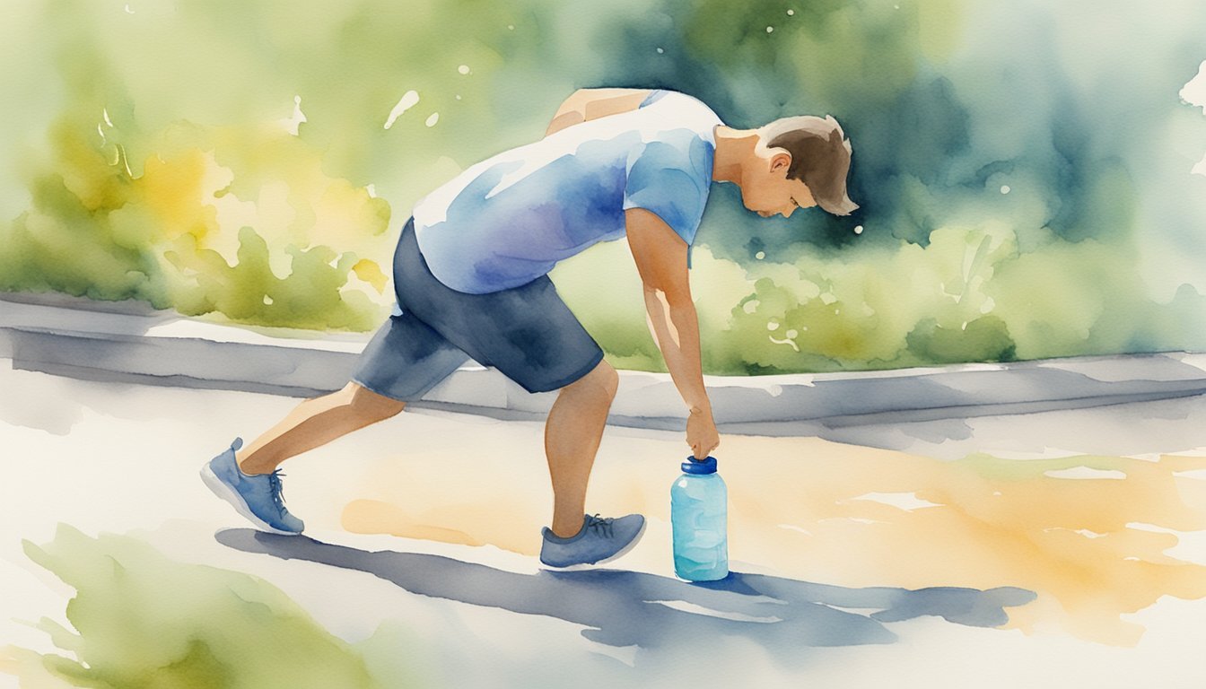 A person stumbling while trying to exercise, water bottle untouched