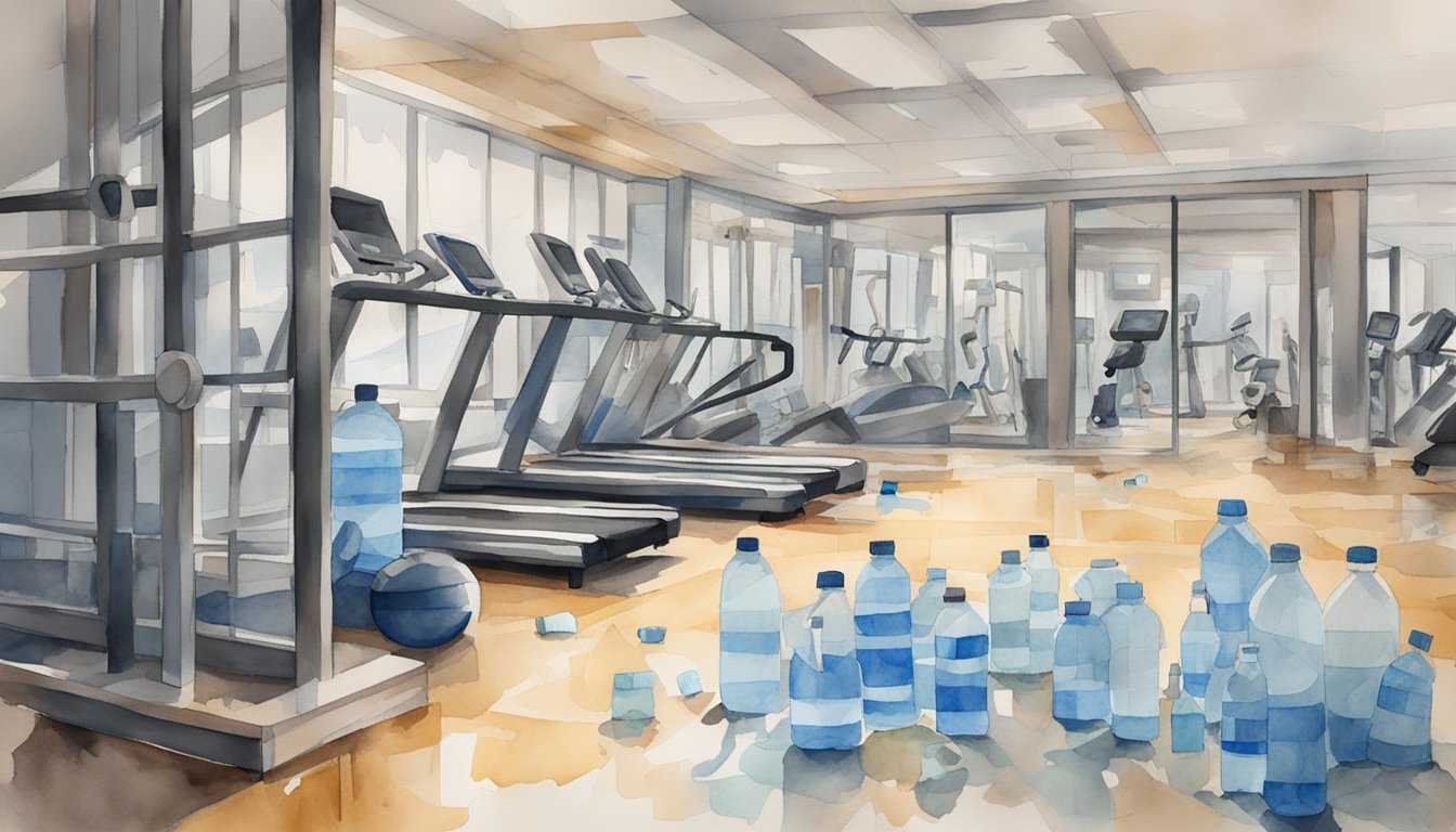 A gym with empty water bottles scattered around, workout equipment in disarray, and a sign warning of the dangers of dehydration