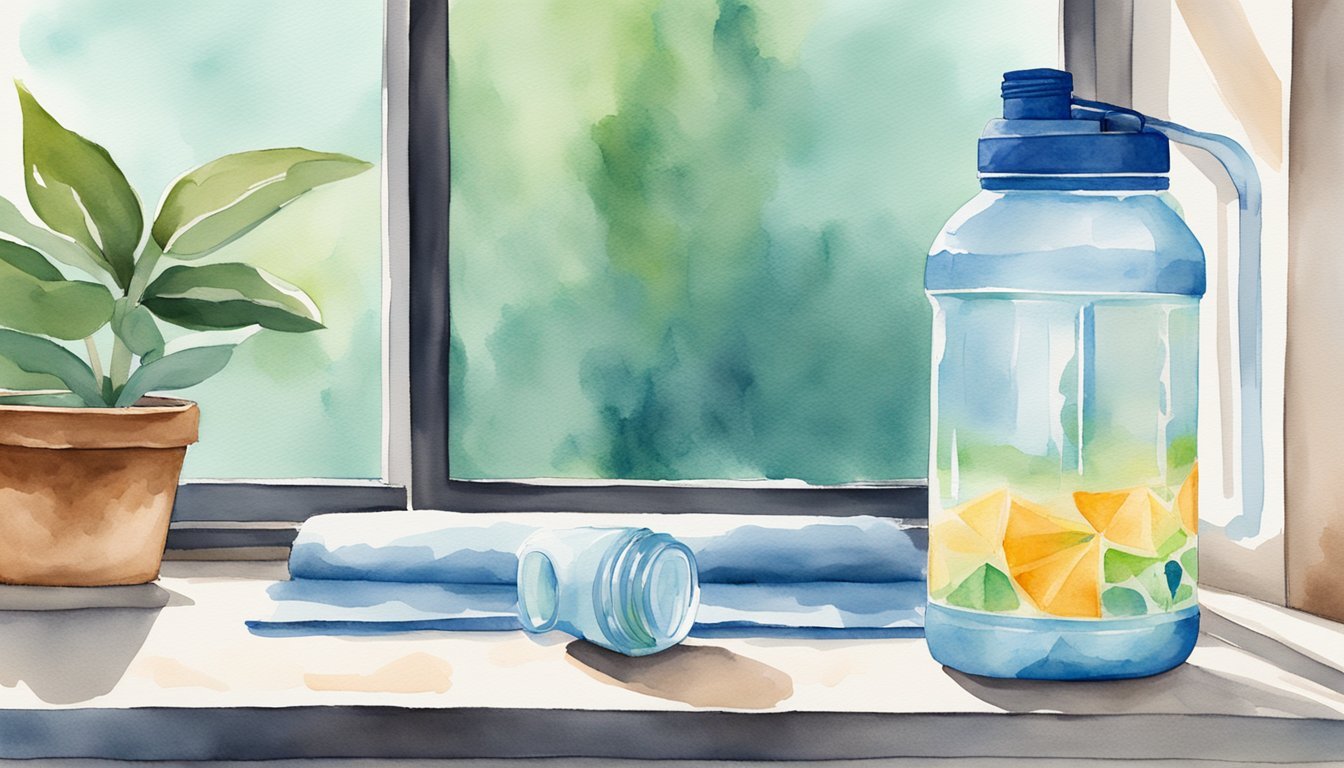 A water bottle sits untouched next to a treadmill.</p><p>Sweat drips down the machine, while wilted plants in the background symbolize the effects of dehydration on fitness goals