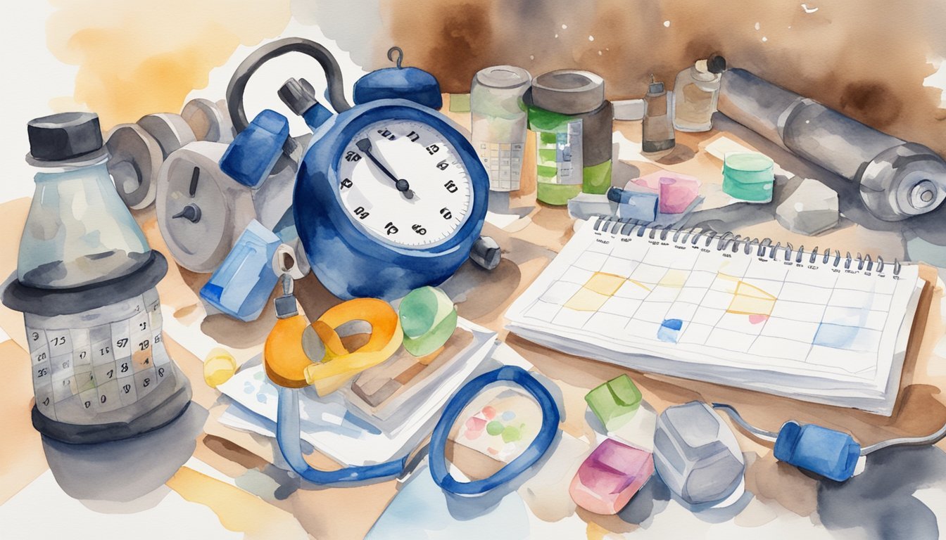 A cluttered gym with weights strewn about, a stopwatch frozen mid-tick, and a water bottle knocked over.</p><p>A calendar with multiple dates circled, and a person's training log with increasingly frequent and desperate notes