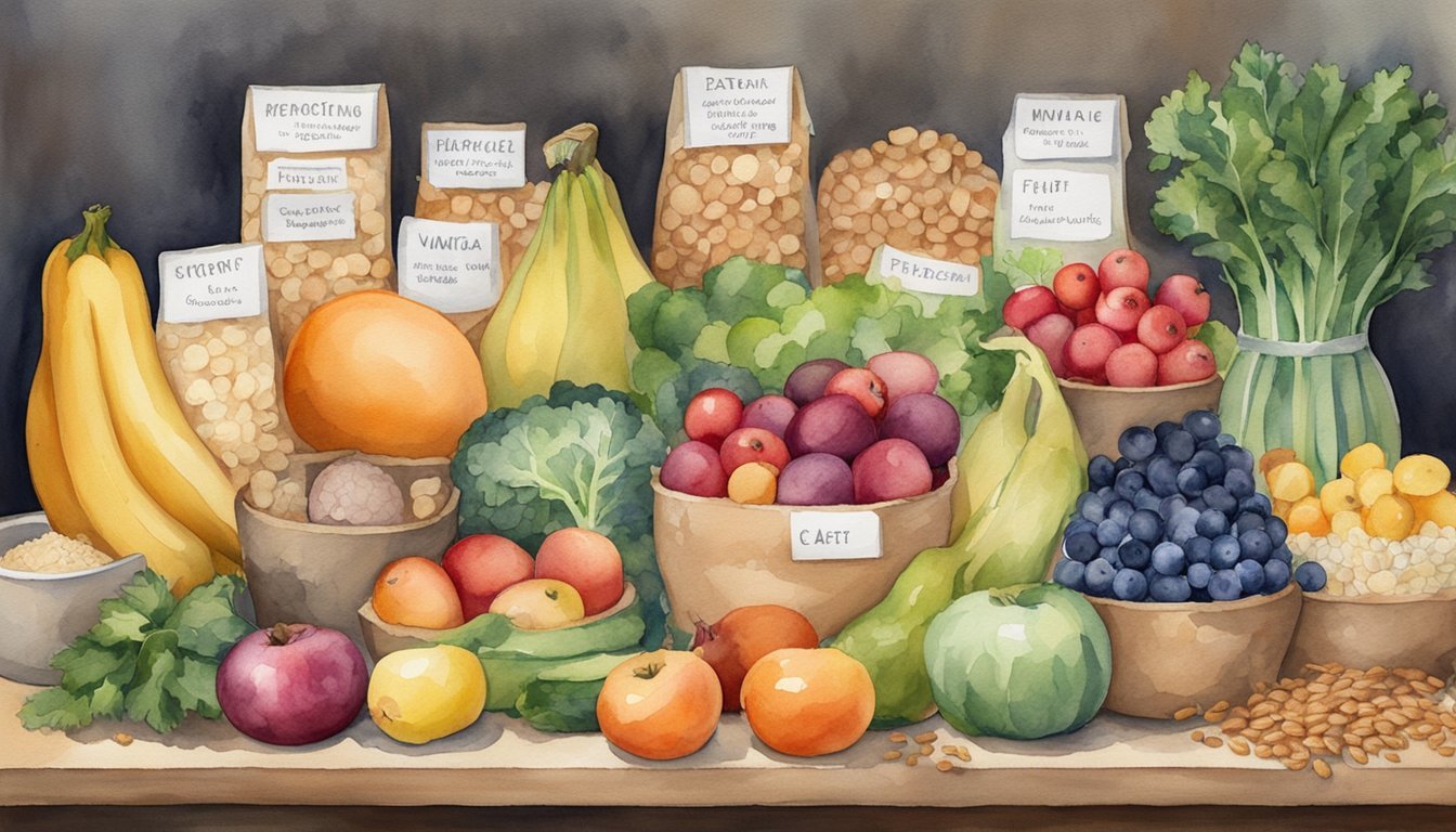 A colorful array of fruits, vegetables, and whole grains arranged on a table, with labels indicating their high fiber content