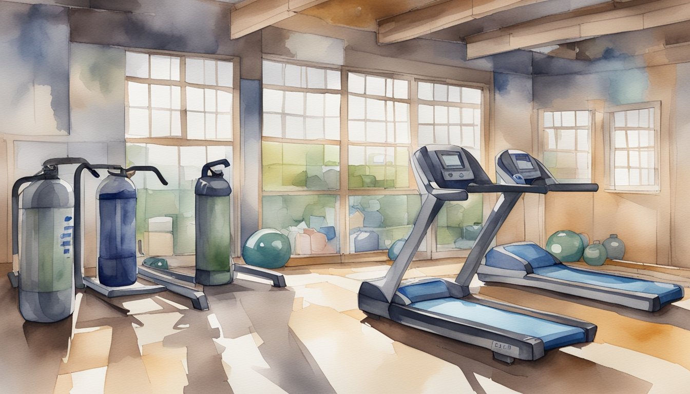 A gym with broken equipment, empty water bottles, and a sign listing overtraining symptoms