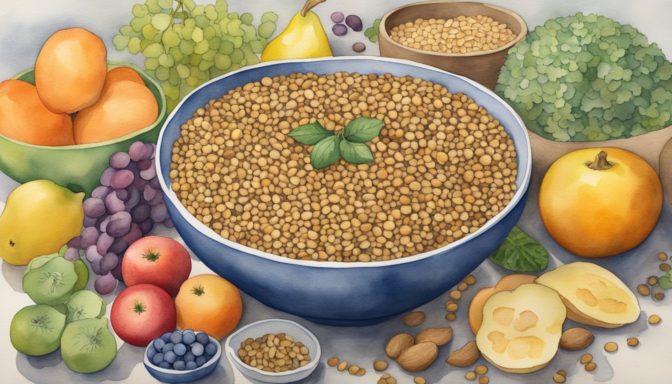 A bowl of lentils surrounded by a variety of high-fiber foods, such as fruits, vegetables, and whole grains.</p><p>The lentils are prominently featured in the center of the scene, with the other foods arranged around them