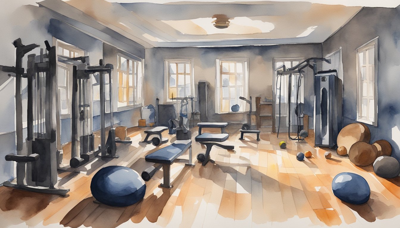 A dimly lit room with scattered weights and exercise equipment.</p><p>A person slumps on a bench, looking fatigued and disinterested.</p><p>Sweat drips down their forehead